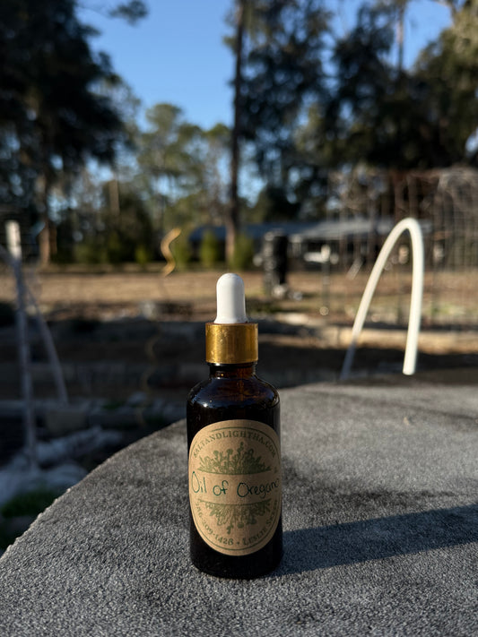Bottle of oil of oregano with dropper on a textured surface with blurred background